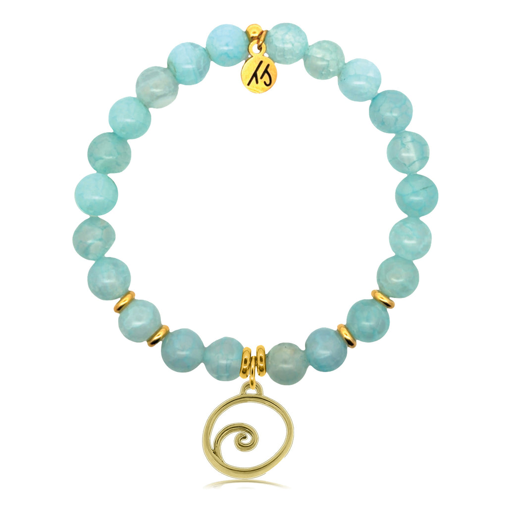 Gold Charm Collection - Aqua Fire Agate Gemstone Bracelet with Wave Gold Charm