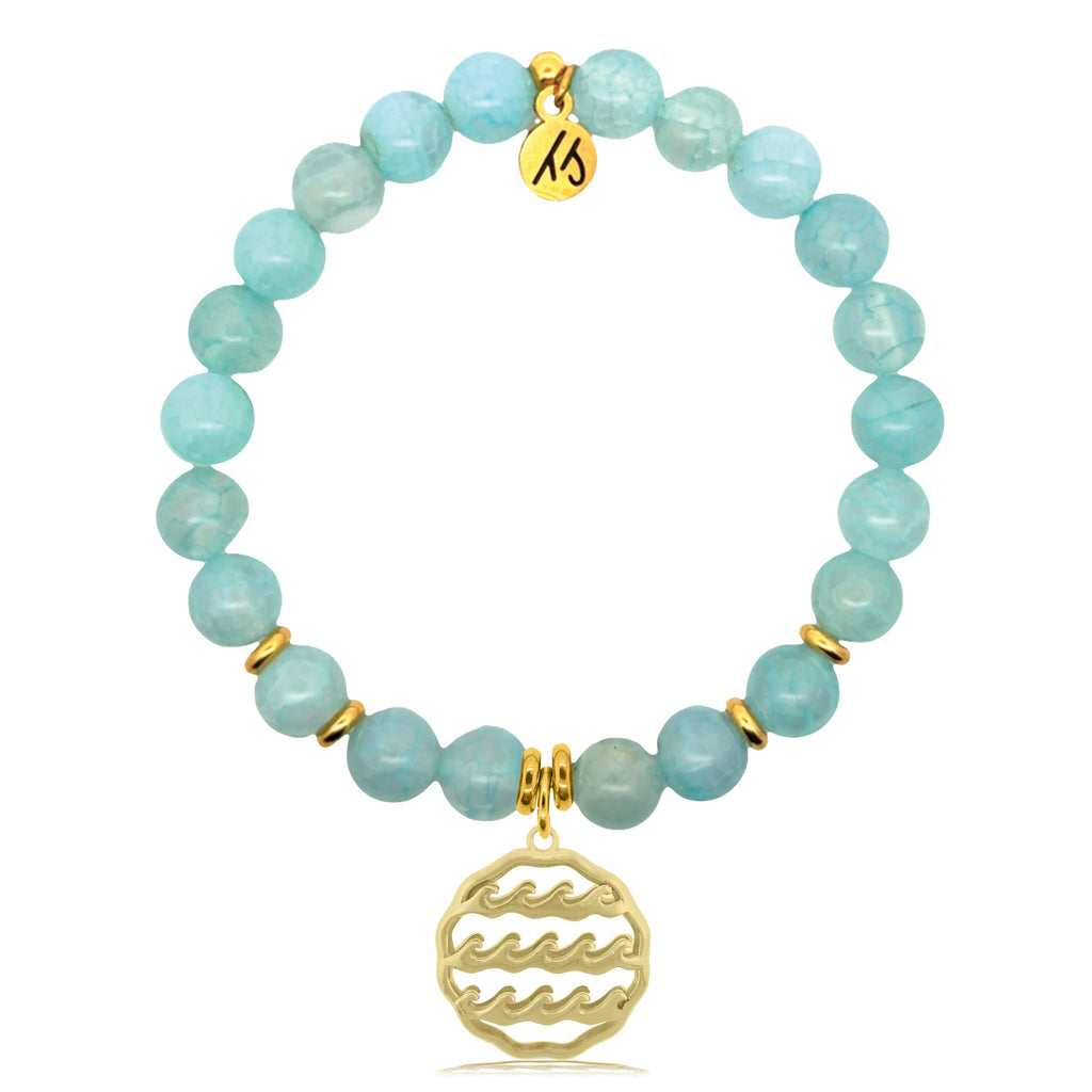 Gold Charm Collection - Aqua Fire Agate Gemstone Bracelet with Waves of Life Gold Charm