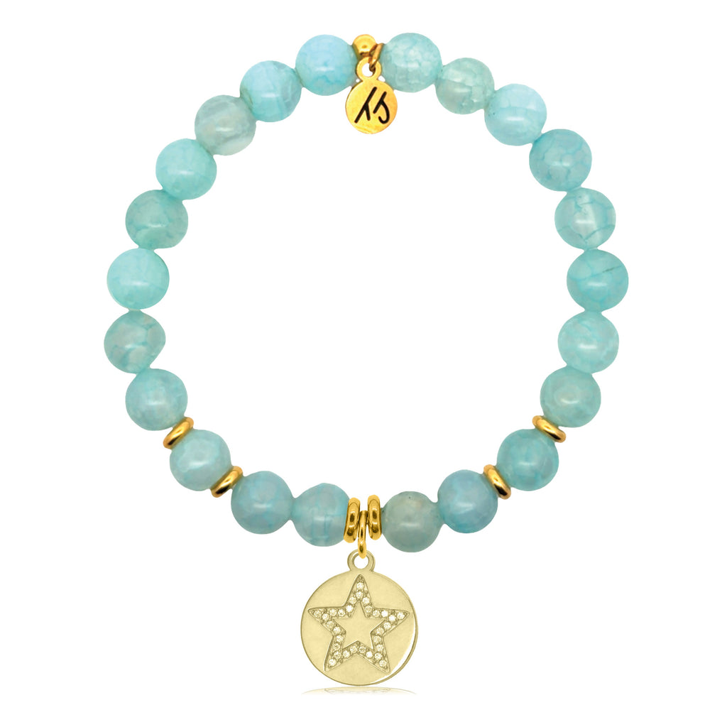 Gold Charm Collection - Aqua Fire Agate Gemstone Bracelet with Wish on a Star Gold Charm