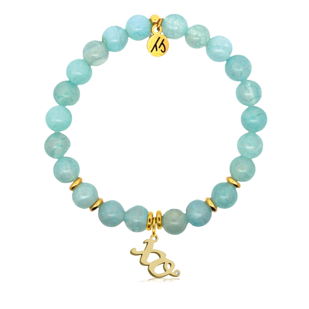 Gold Charm Collection - Aqua Fire Agate Gemstone Bracelet with XO Gold Charm