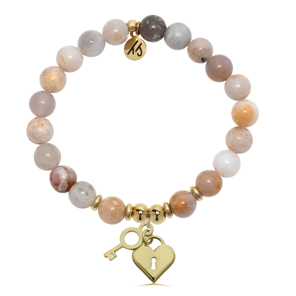 Gold Charm Collection - Australian Agate Gemstone Bracelet with Key to My Heart Gold Charm