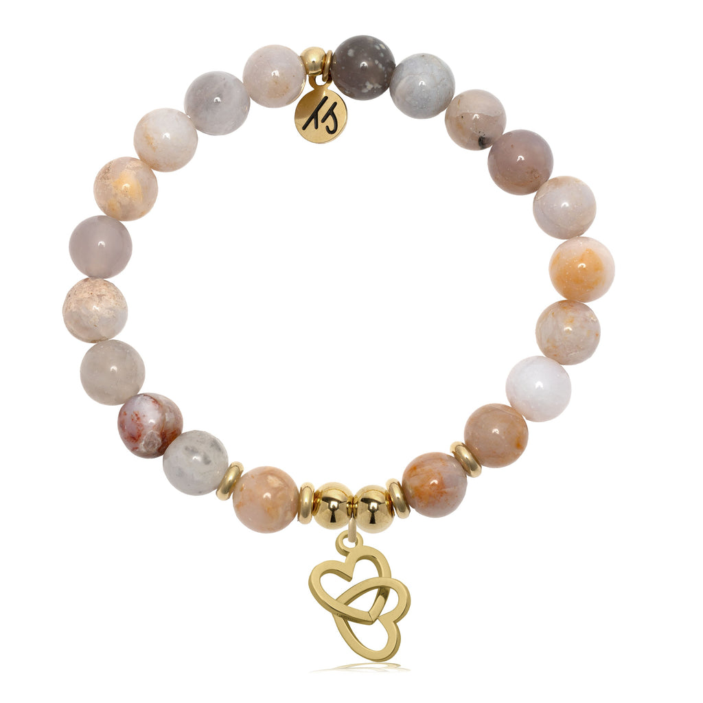 Gold Charm Collection - Australian Agate Gemstone Bracelet with Linked Hearts Gold Charm