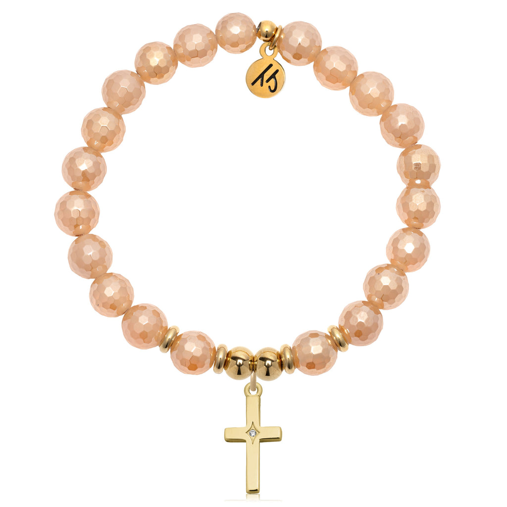 Gold Charm Collection - Champagne Agate Gemstone Bracelet with Cross CZ Gold Charm