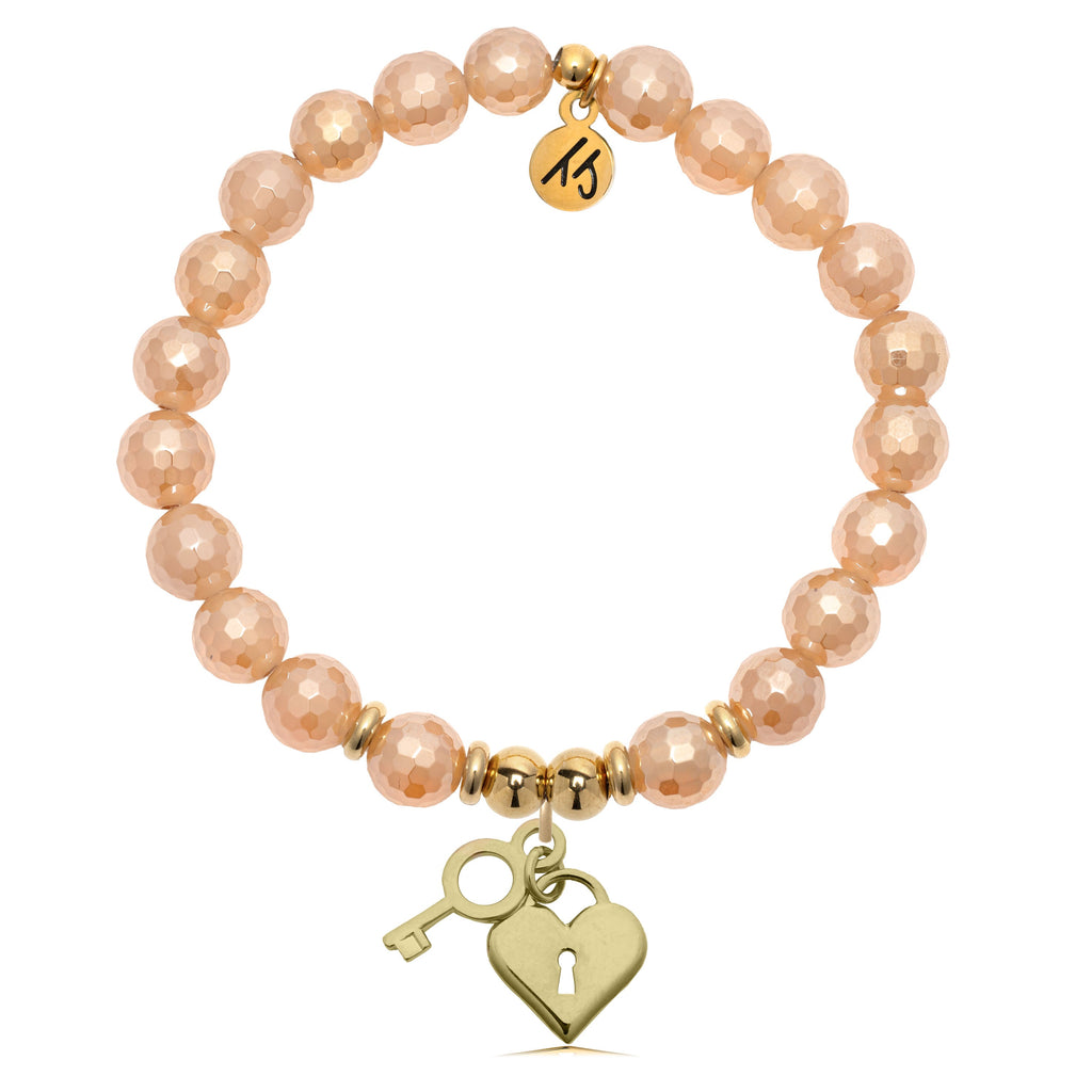 Gold Charm Collection - Champagne Agate Gemstone Bracelet with Key to My Heart Gold Charm