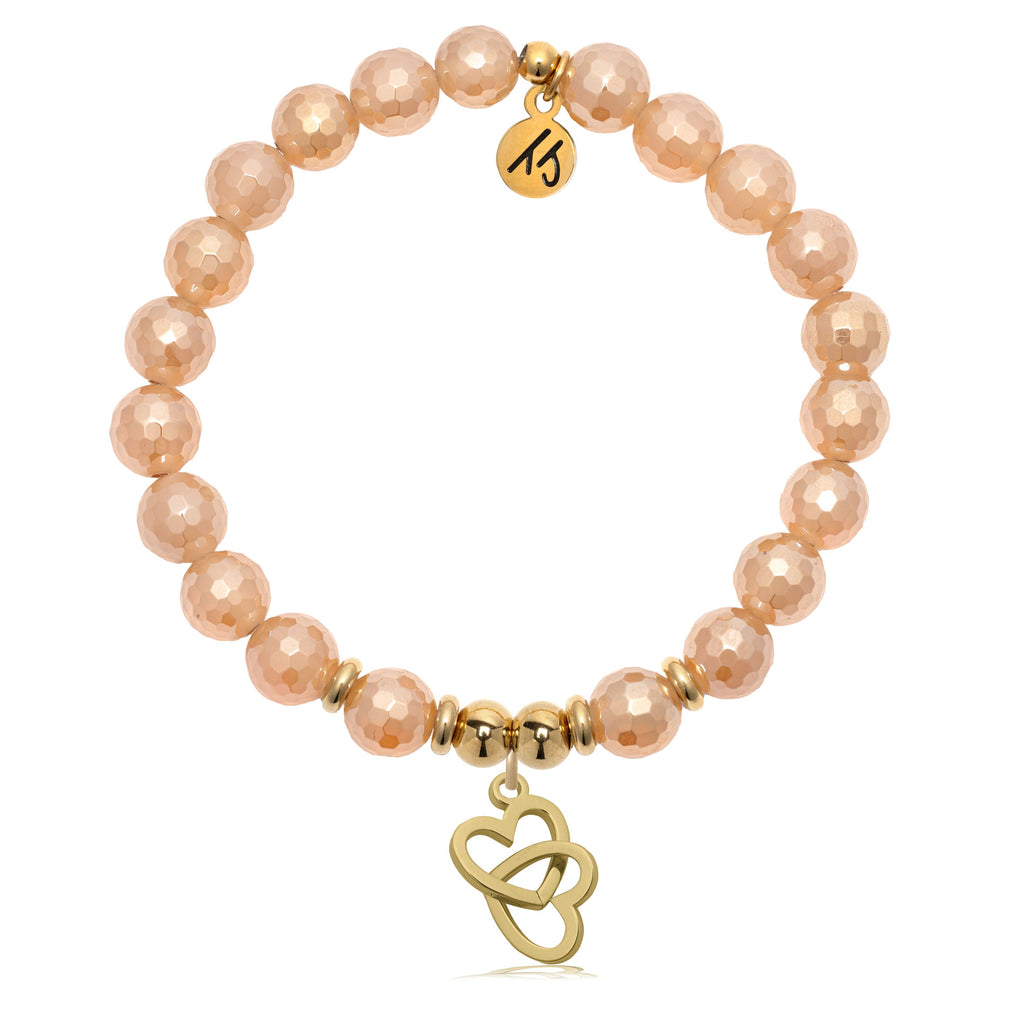 Gold Charm Collection - Champagne Agate Gemstone Bracelet with Linked Hearts Gold Charm