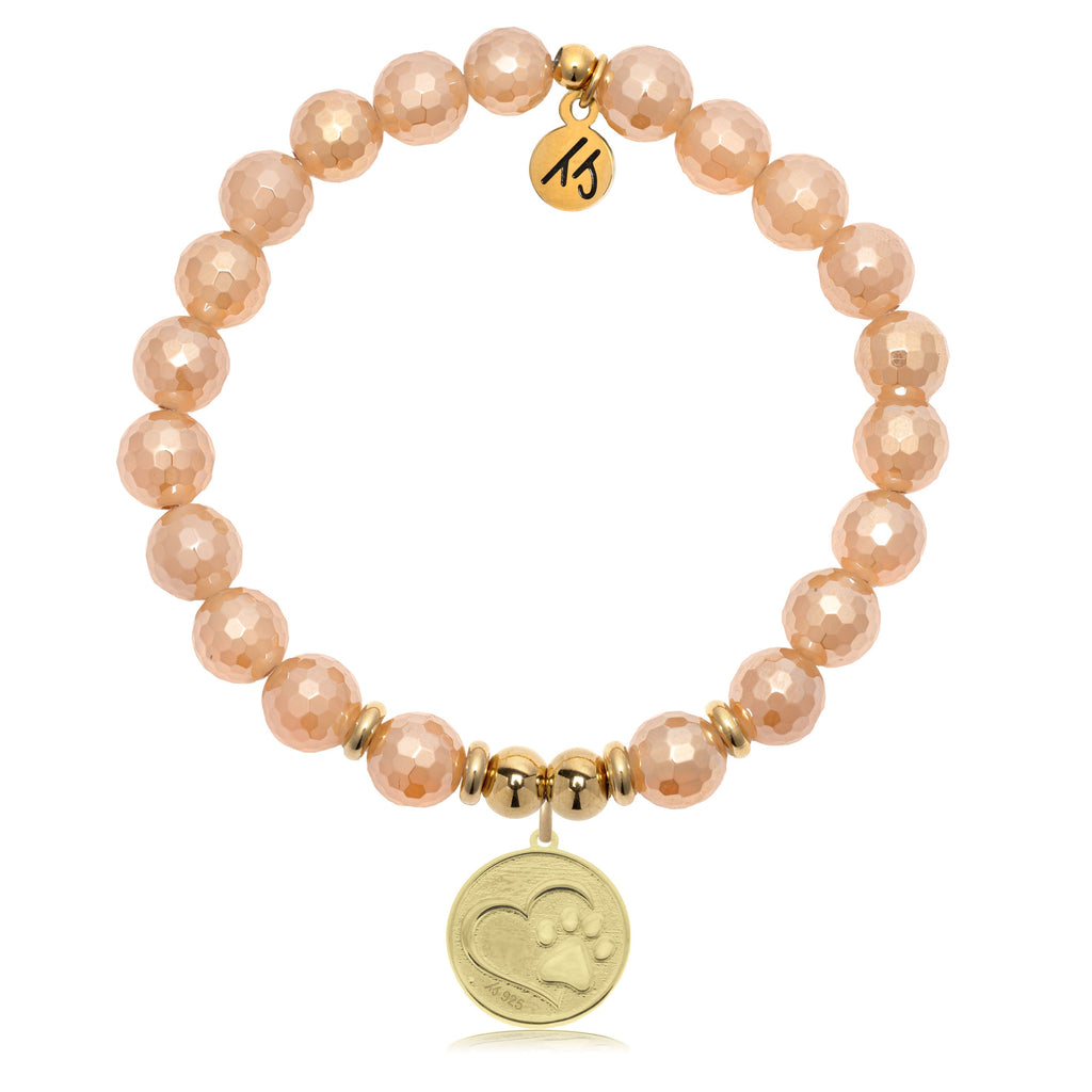 Gold Charm Collection - Champagne Agate Gemstone Bracelet with Paw Print Gold Charm