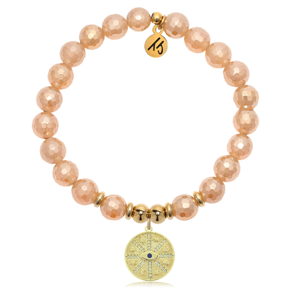 Gold Charm Collection - Champagne Agate Gemstone Bracelet with Protection Gold Charm