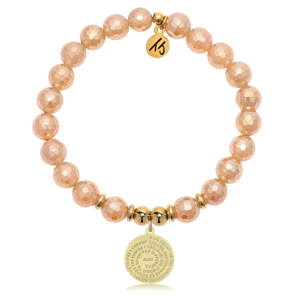 Gold Charm Collection - Champagne Agate Gemstone Bracelet with Serenity Prayer Gold Charm