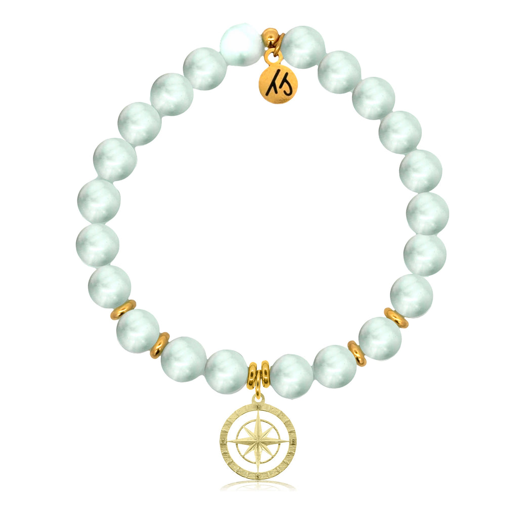 Gold Charm Collection - Green Angelite Gemstone Bracelet with Compass Rose Gold Charm