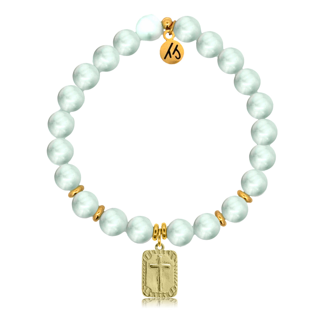 Gold Charm Collection - Green Angelite Gemstone Bracelet with Cross Rectangle Gold Charm