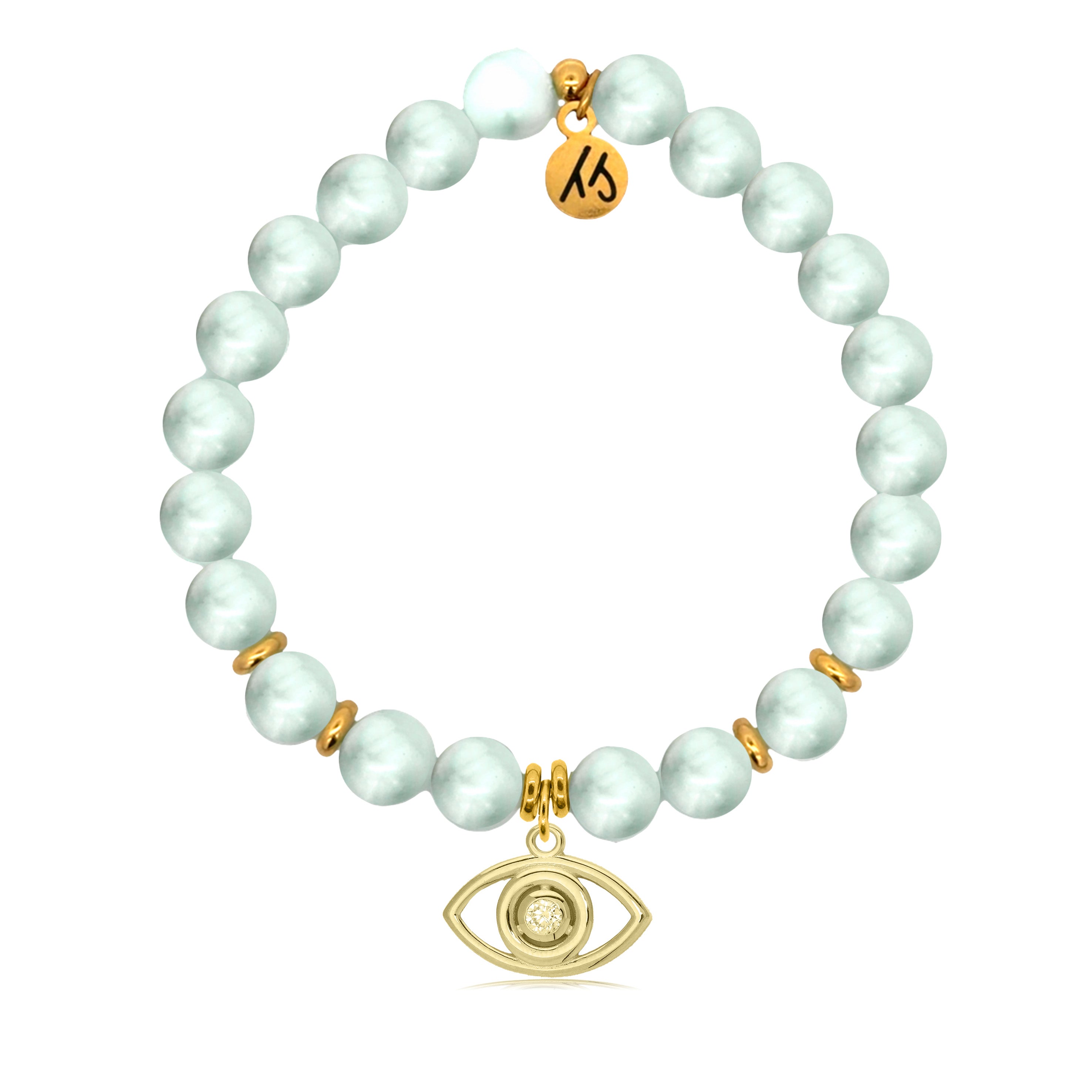 Gold Charm Collection - Green Angelite Gemstone Bracelet with Evil Eye Gold Charm