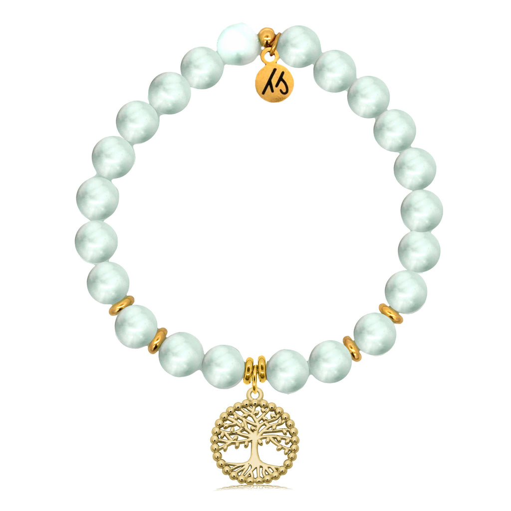 Gold Charm Collection - Green Angelite Gemstone Bracelet with Family Tree Gold Charm