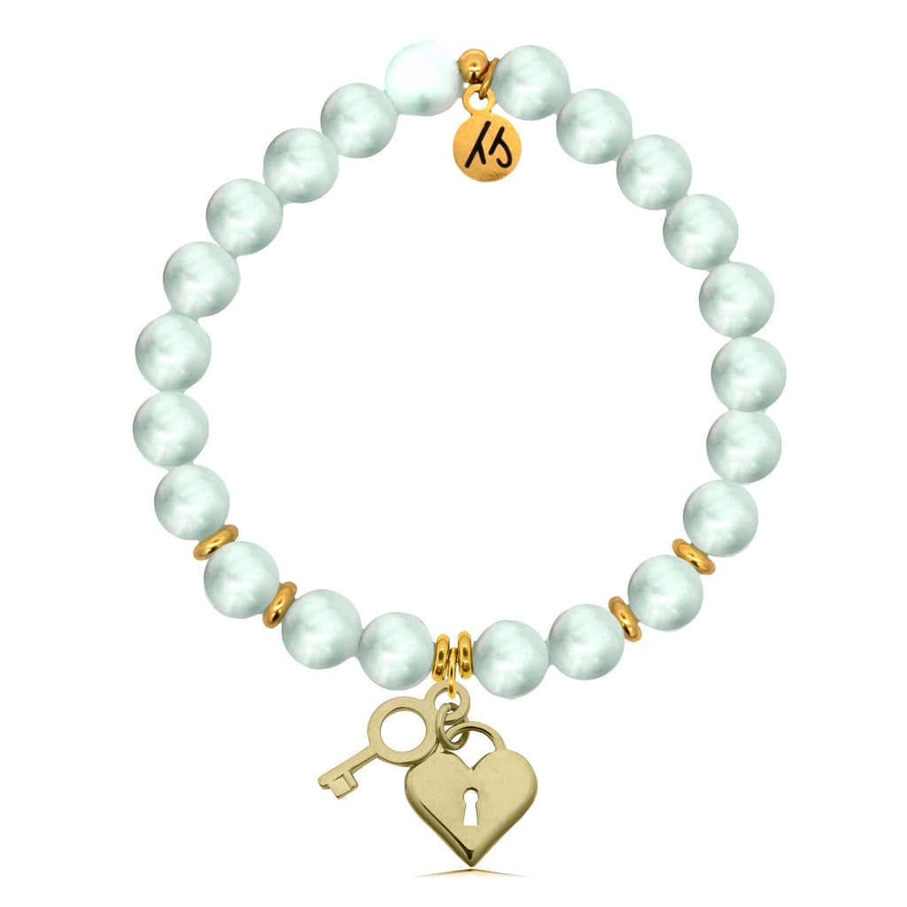 Gold Charm Collection - Green Angelite Gemstone Bracelet with Key to My Heart Gold Charm