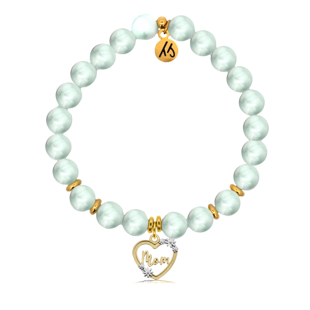 Gold Charm Collection - Green Angelite Gemstone Bracelet with Mom Heart Gold Charm
