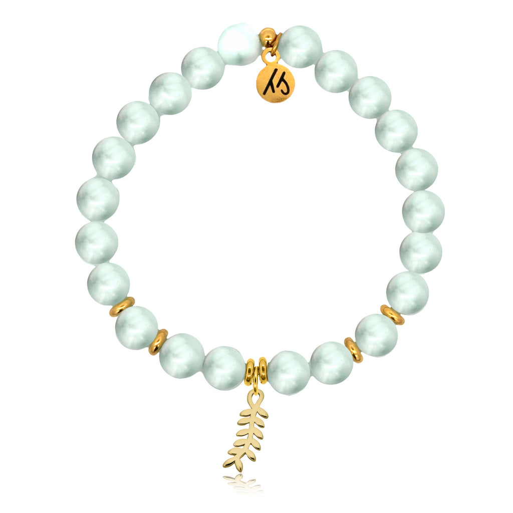 Gold Charm Collection - Green Angelite Gemstone Bracelet with Olive Branch Gold Charm