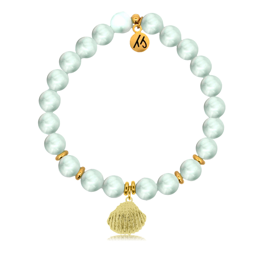 Gold Charm Collection - Green Angelite Gemstone Bracelet with Seashell Gold Charm