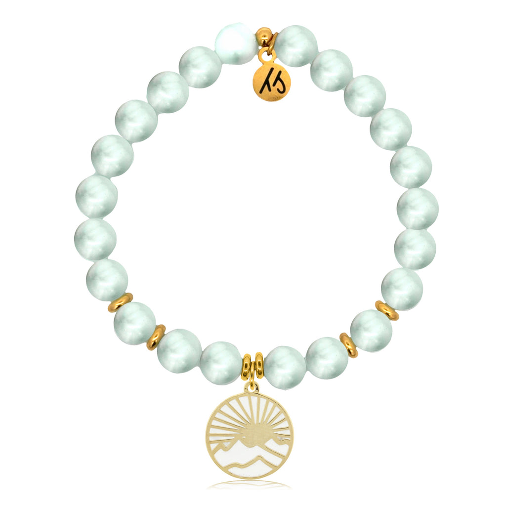 Gold Charm Collection - Green Angelite Gemstone Bracelet with Sunrise Enamel Gold Charm