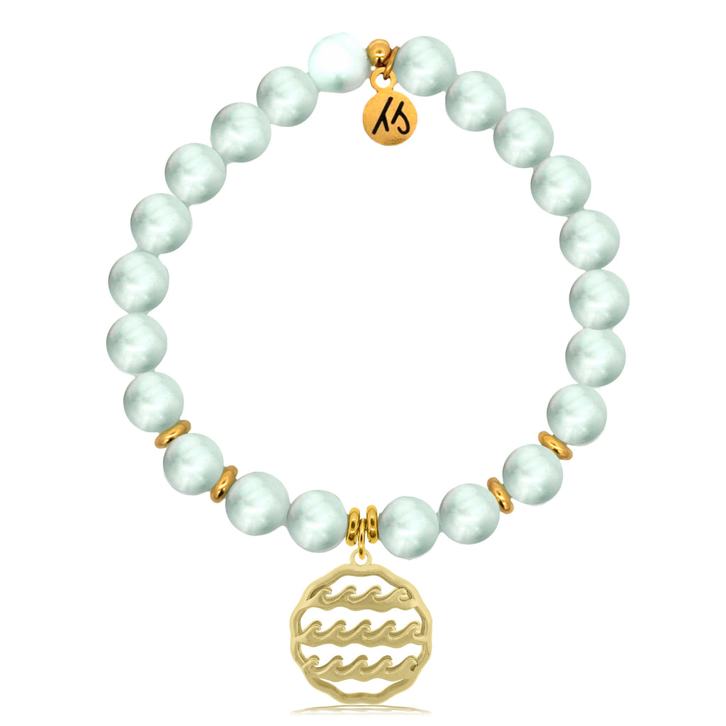 Gold Charm Collection - Green Angelite Gemstone Bracelet with Waves of Life Gold Charm