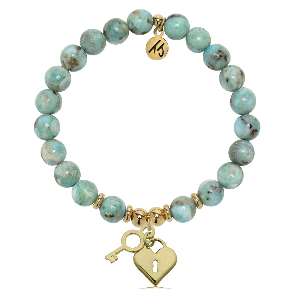 Gold Charm Collection - Larimar Gemstone Bracelet with Key to My Heart Gold Charm
