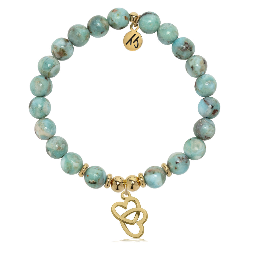 Gold Charm Collection - Larimar Gemstone Bracelet with Linked Hearts Gold Charm