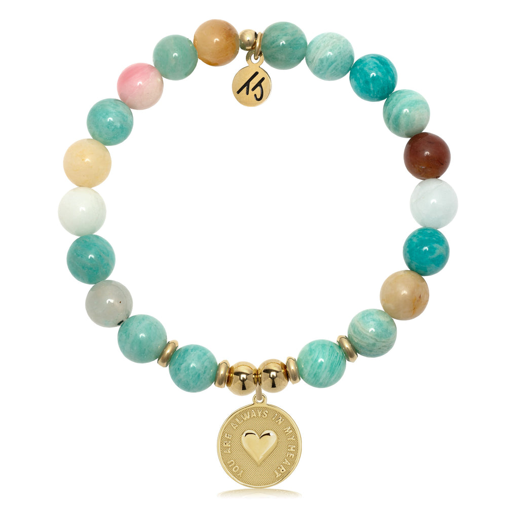 Gold Charm Collection - Multi Amazonite Gemstone Bracelet with Always in My Heart Gold Charm