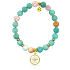 Gold Charm Collection - Multi Amazonite Gemstone Bracelet with Compass Rose Gold Charm