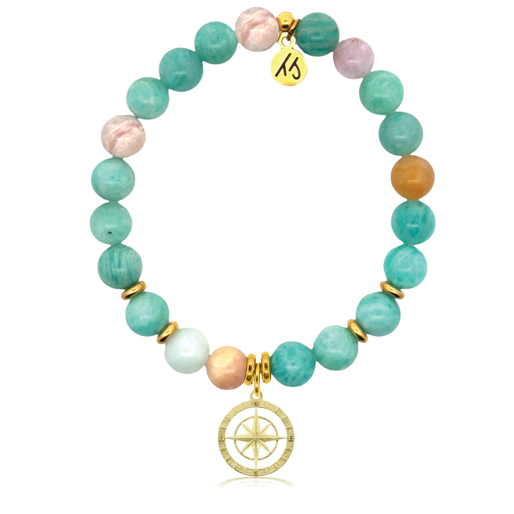 Gold Charm Collection - Multi Amazonite Gemstone Bracelet with Compass Rose Gold Charm