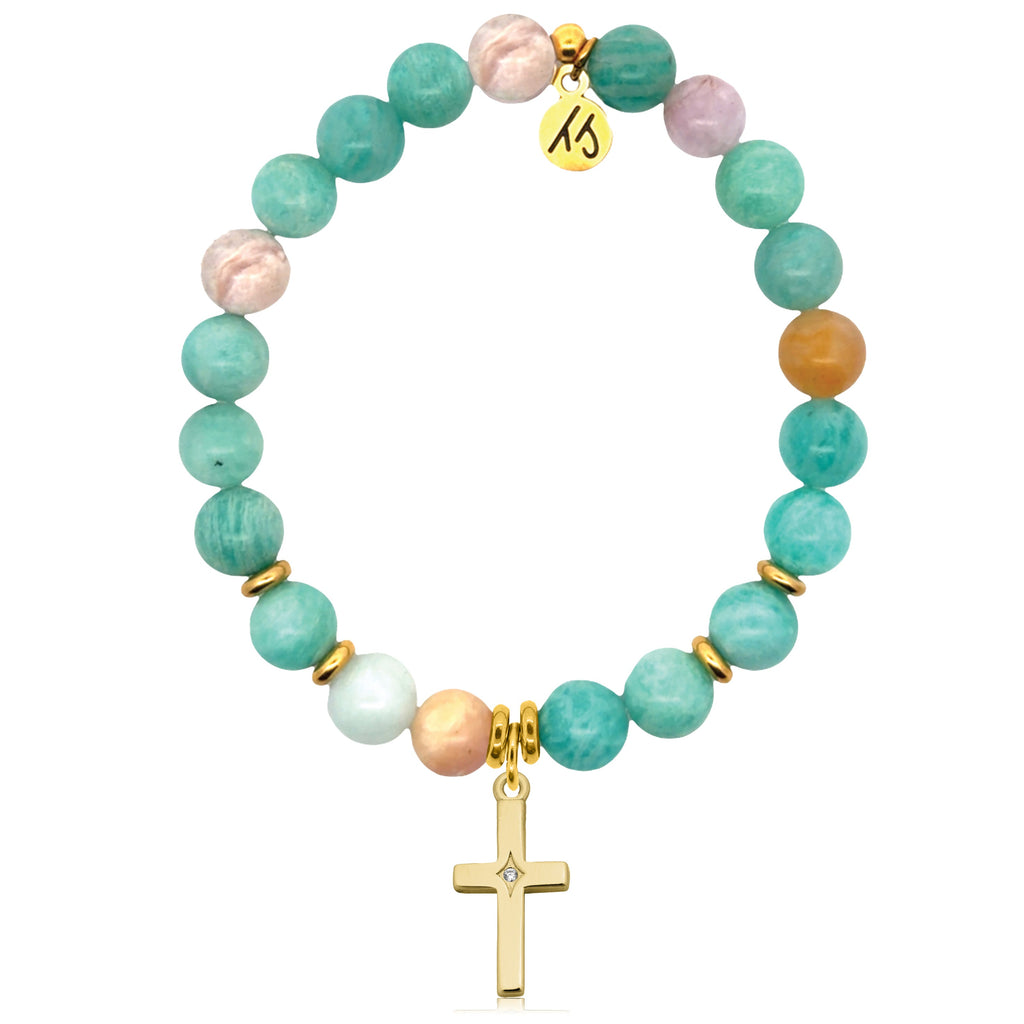 Gold Charm Collection - Multi Amazonite Gemstone Bracelet with Cross CZ Gold Charm