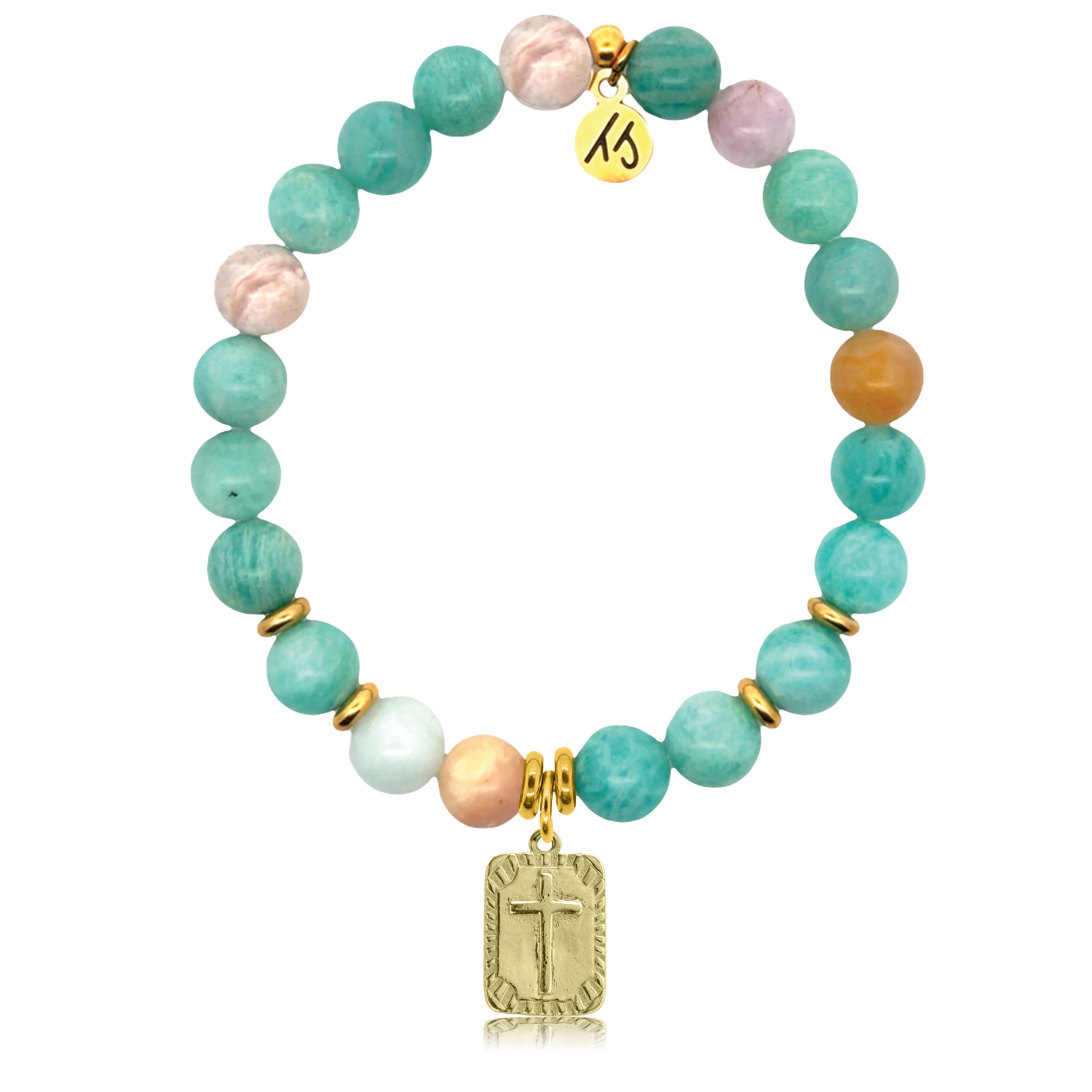 Gold Charm Collection - Multi Amazonite Gemstone Bracelet with Cross Rectangle Gold Charm