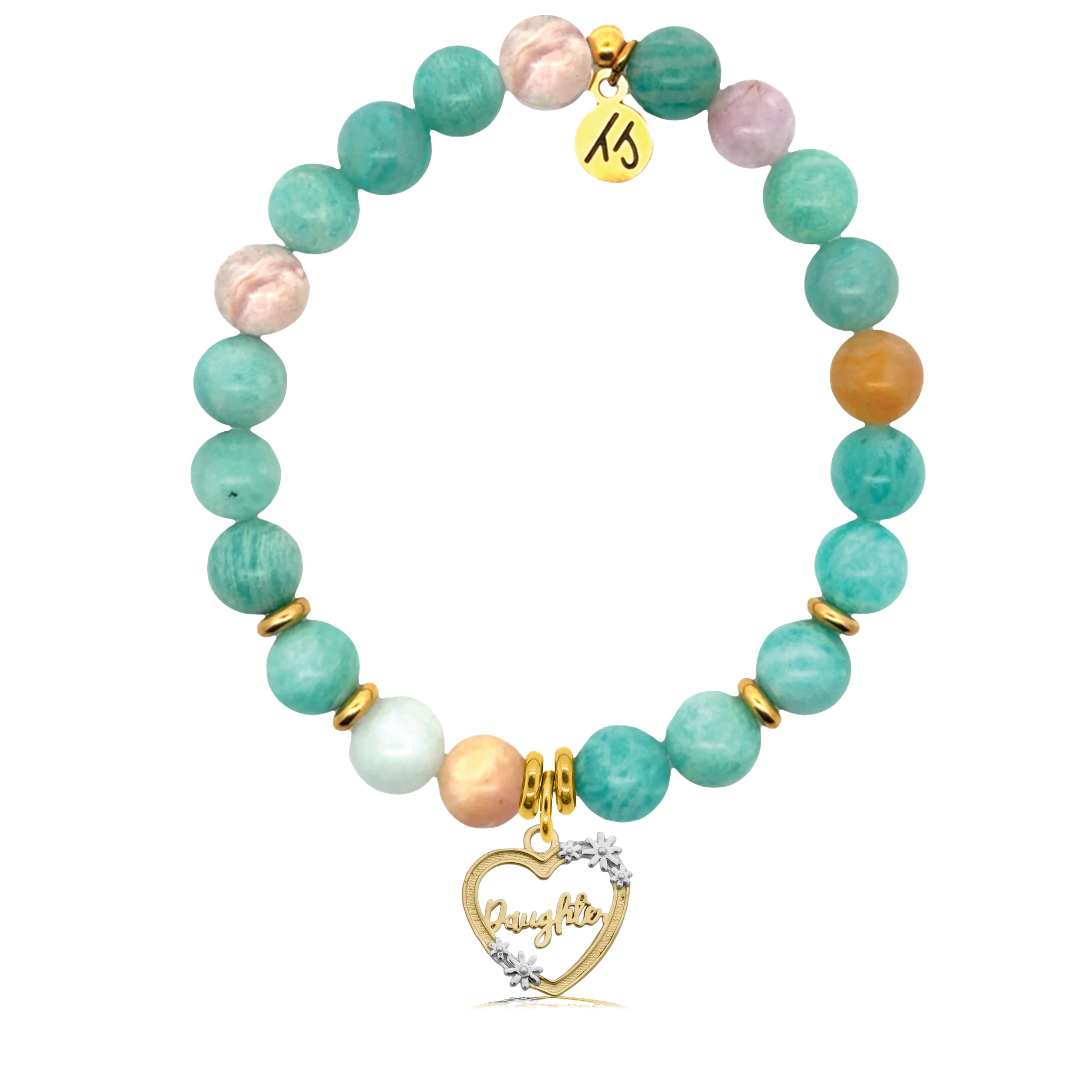 Gold Charm Collection - Multi Amazonite Gemstone Bracelet with Daughter Heart Gold Charm