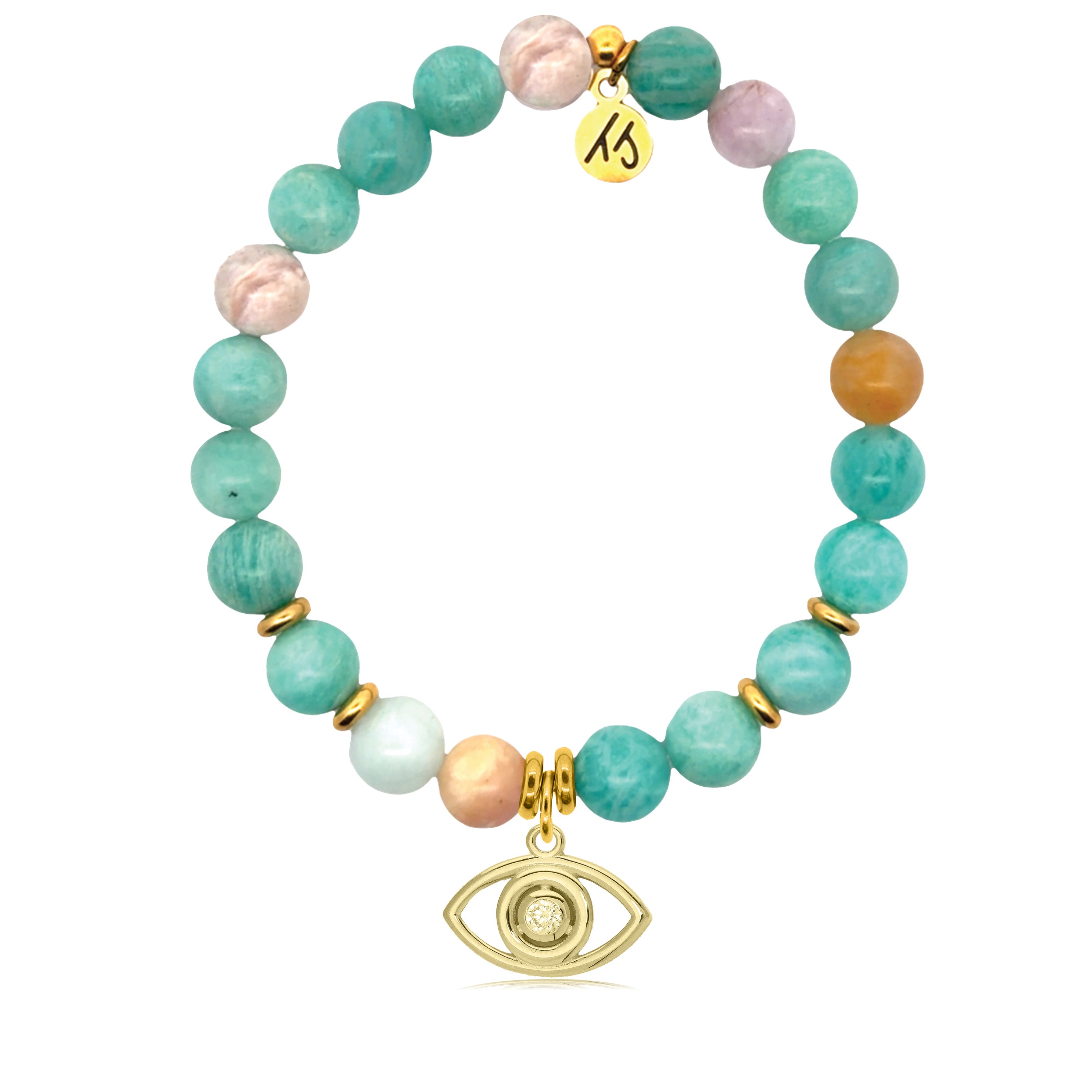 Gold Charm Collection - Multi Amazonite Gemstone Bracelet with Evil Eye Gold Charm