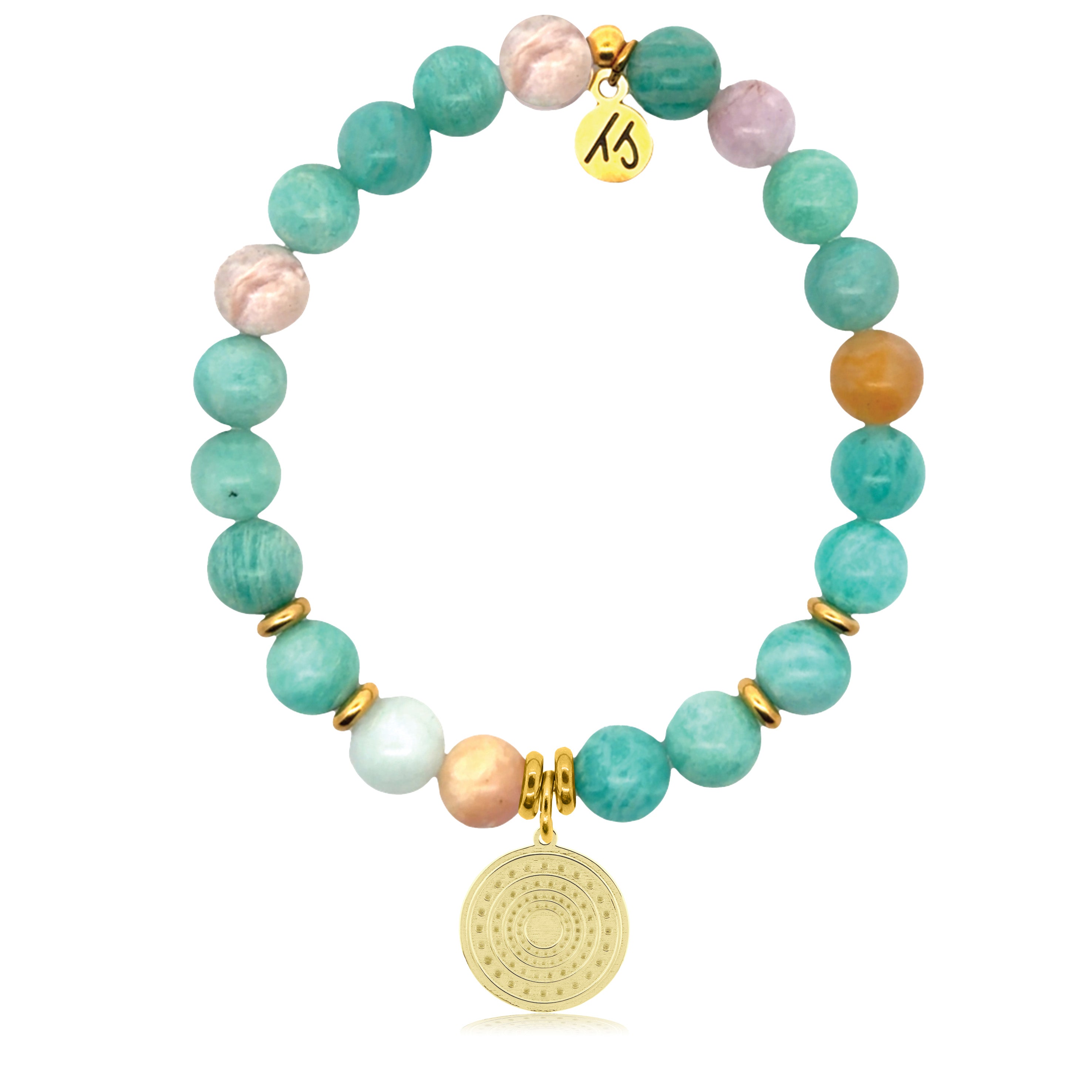 Gold Charm Collection - Multi Amazonite Gemstone Bracelet with Family Circle Gold Charm