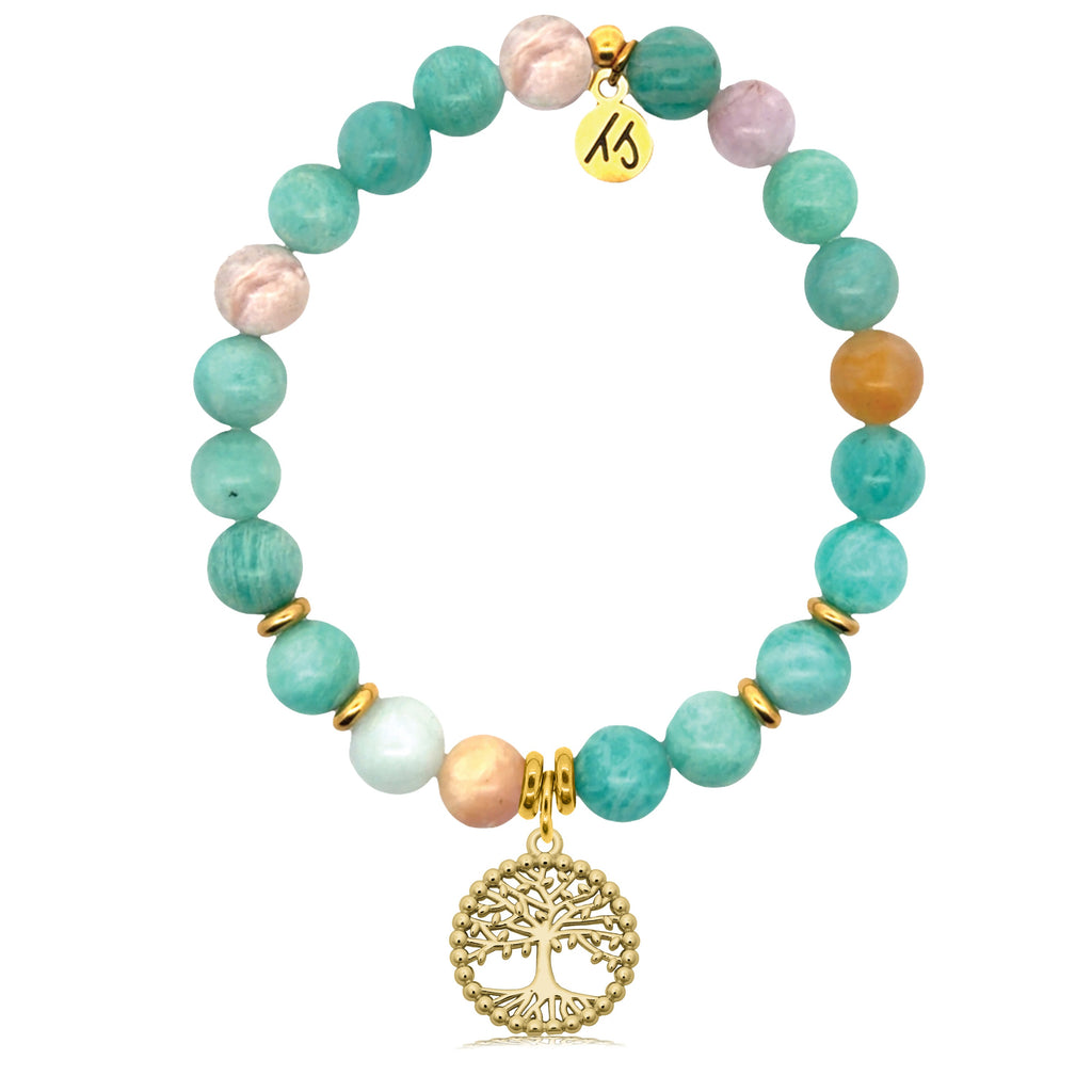 Gold Charm Collection - Multi Amazonite Gemstone Bracelet with Family Tree Gold Charm
