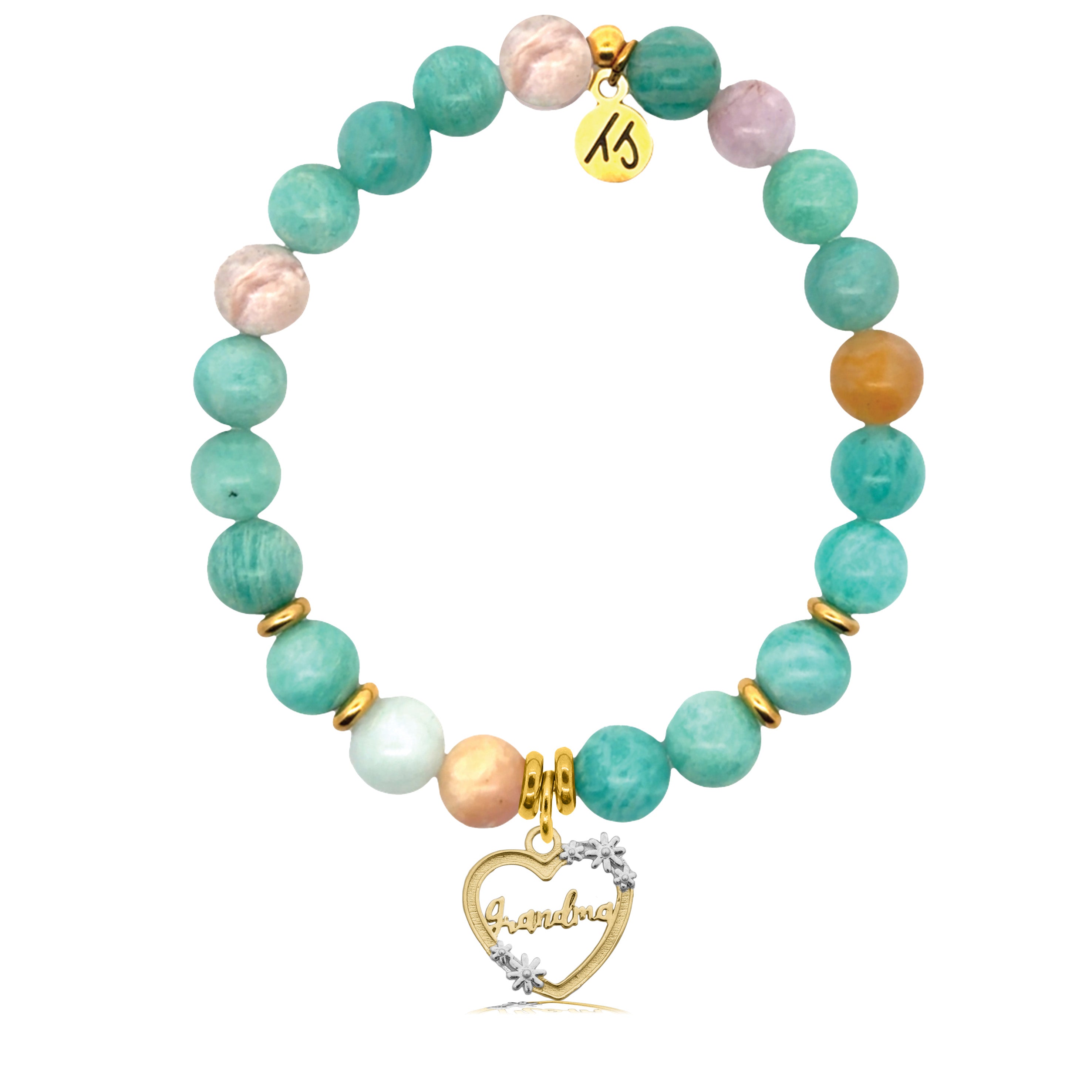 Gold Charm Collection - Multi Amazonite Gemstone Bracelet with Grandma Heart Gold Charm