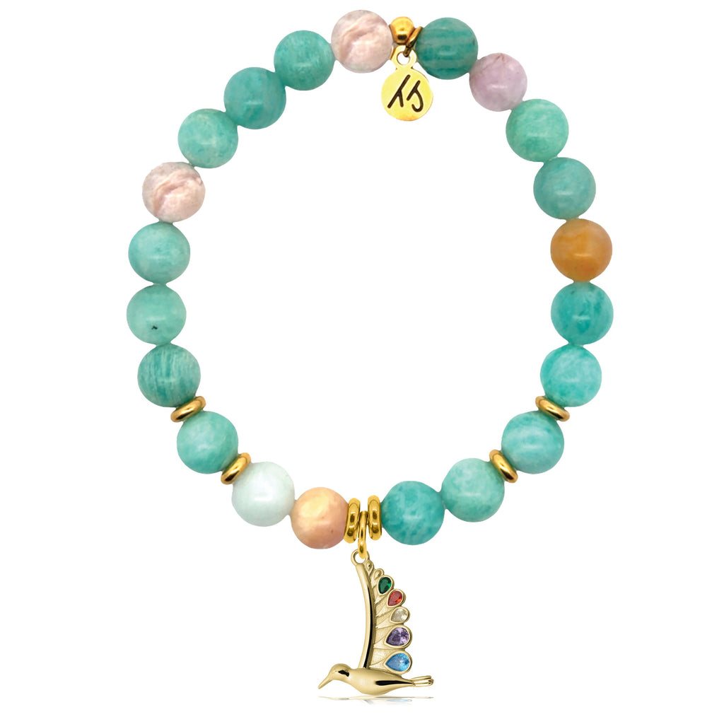 Gold Charm Collection - Multi Amazonite Gemstone Bracelet with Hummingbird Gold Charm