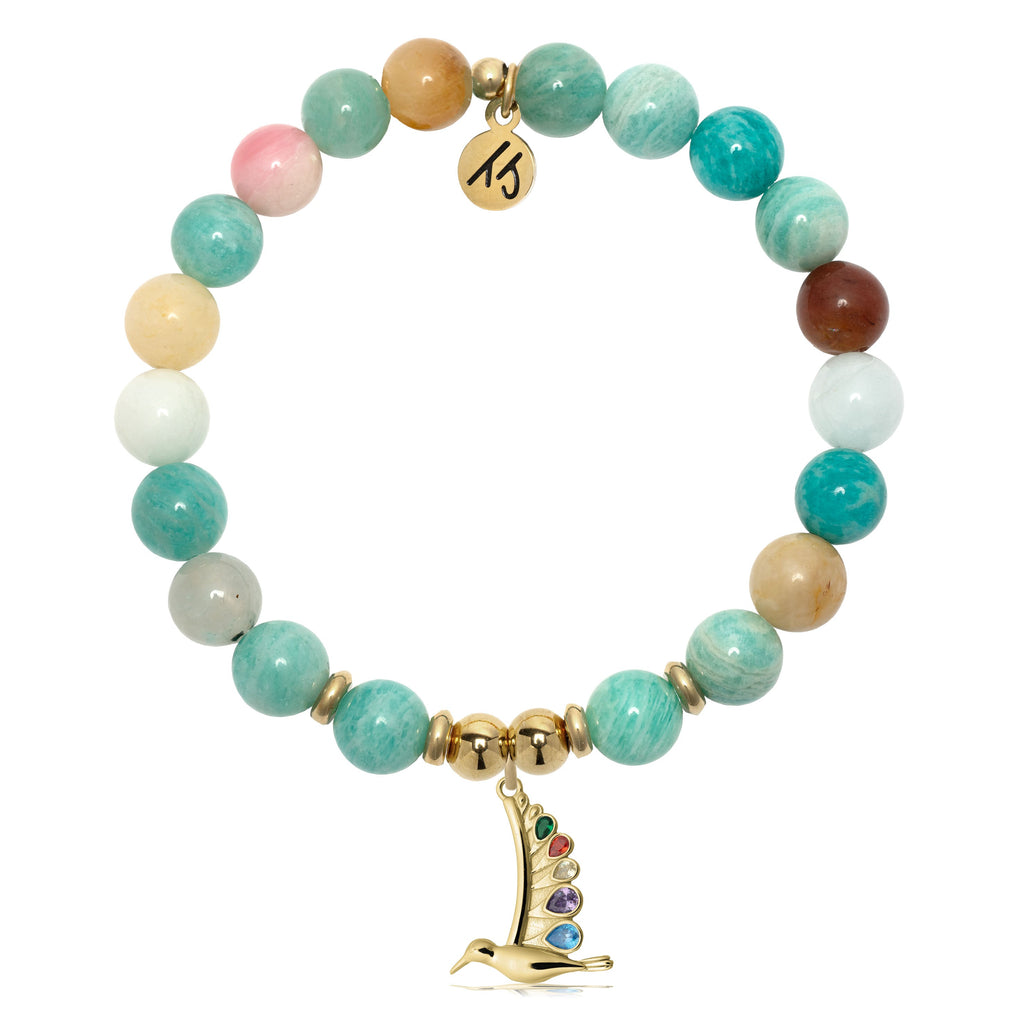 Gold Charm Collection - Multi Amazonite Gemstone Bracelet with Hummingbird Gold Charm