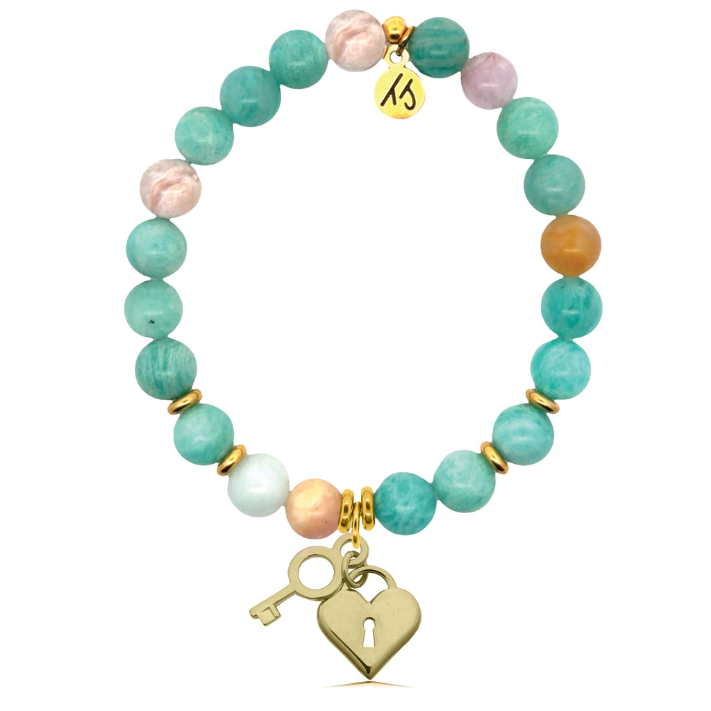 Gold Charm Collection - Multi Amazonite Gemstone Bracelet with Key to My Heart Gold Charm