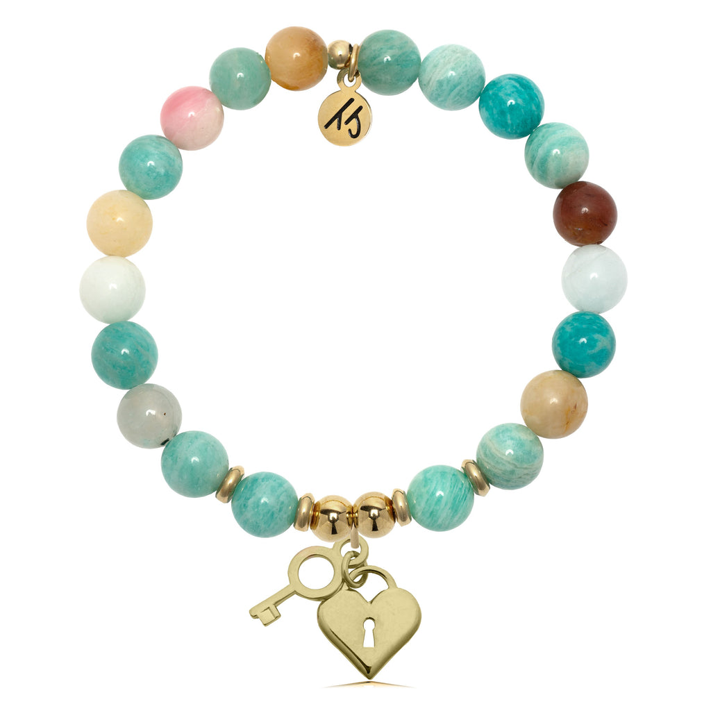 Gold Charm Collection - Multi Amazonite Gemstone Bracelet with Key to My Heart Gold Charm