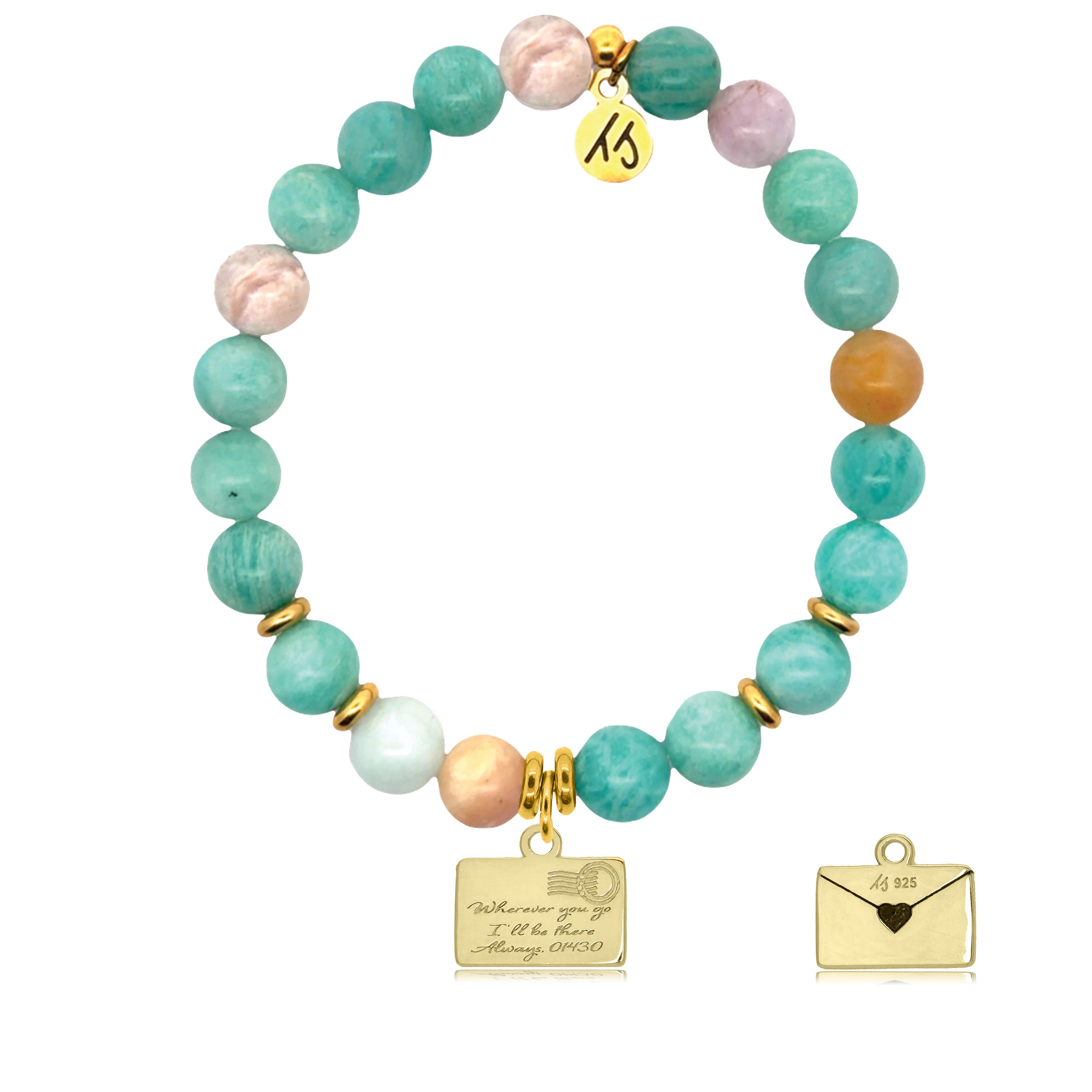 Gold Charm Collection - Multi Amazonite Gemstone Bracelet with Love Letter Gold Charm