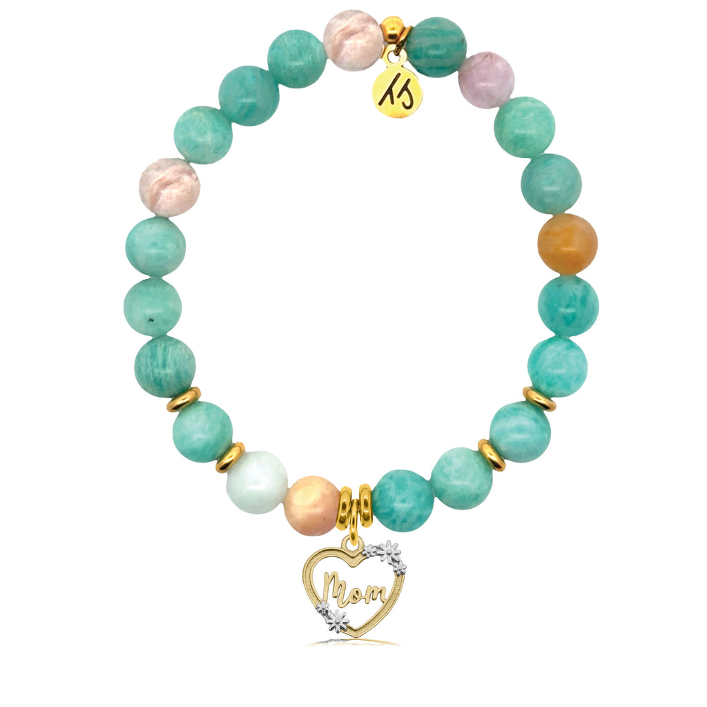 Gold Charm Collection - Multi Amazonite Gemstone Bracelet with Mom Heart Gold Charm