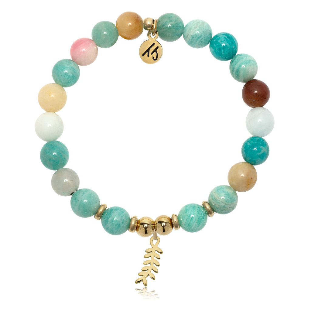 Gold Charm Collection - Multi Amazonite Gemstone Bracelet with Olive Branch Gold Charm
