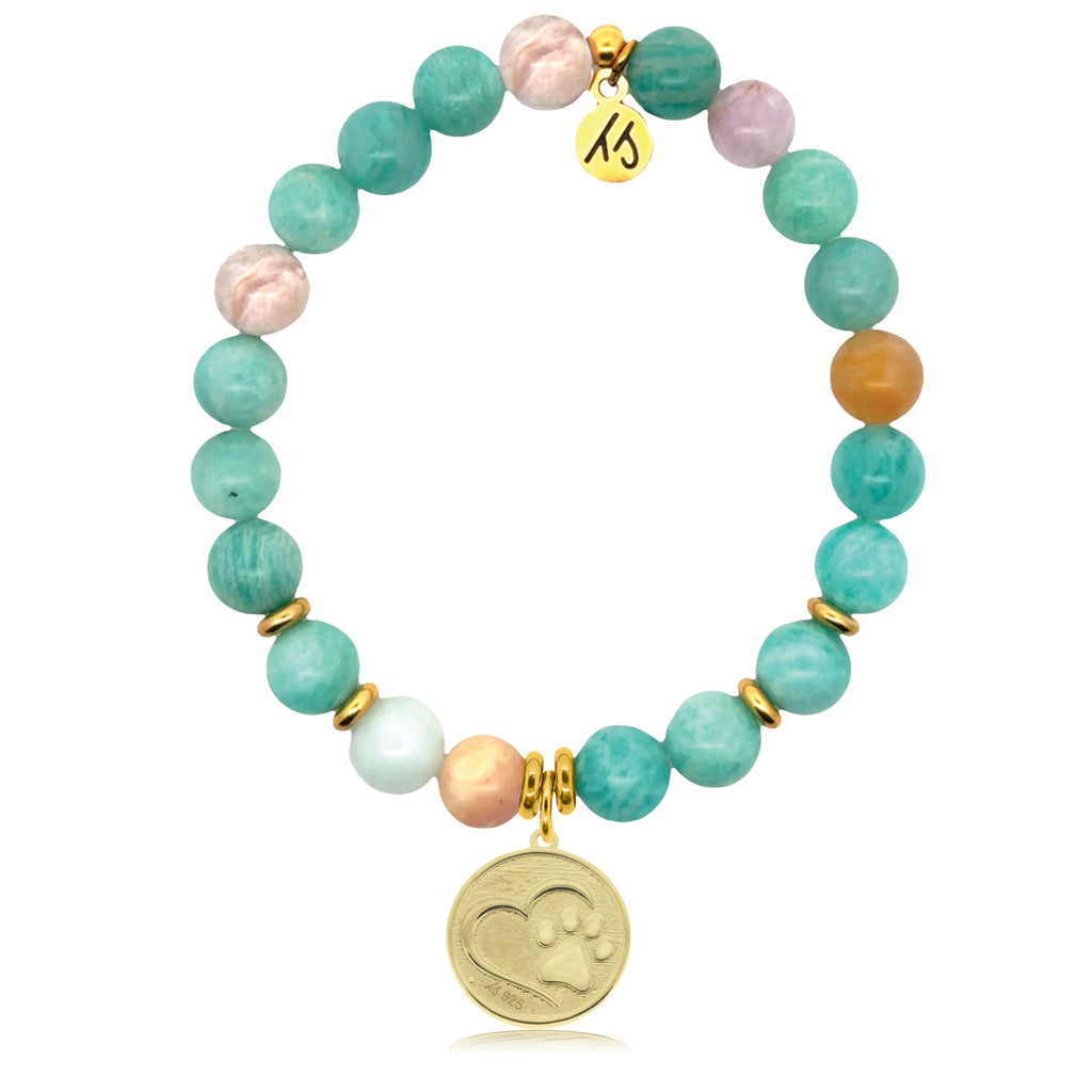 Gold Charm Collection - Multi Amazonite Gemstone Bracelet with Paw Print Gold Charm