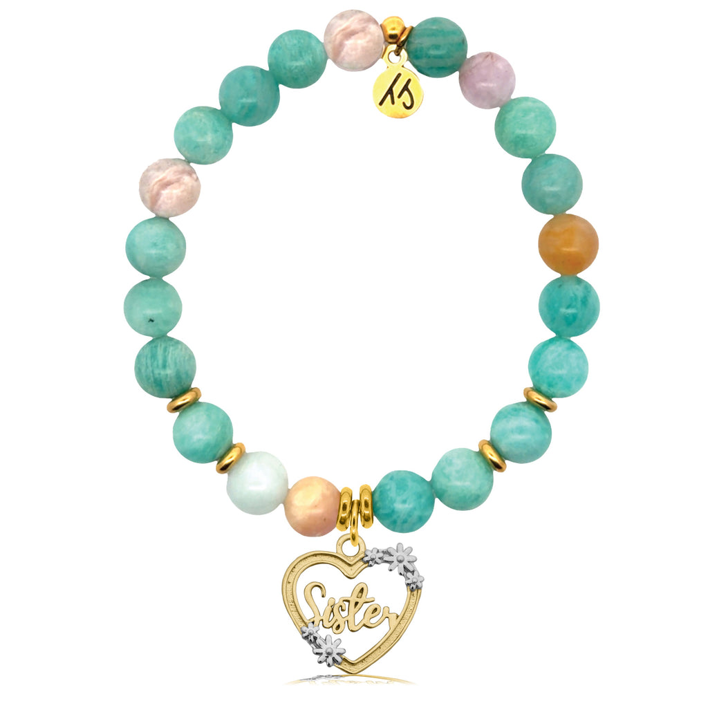 Gold Charm Collection - Multi Amazonite Gemstone Bracelet with Sister Heart Gold Charm