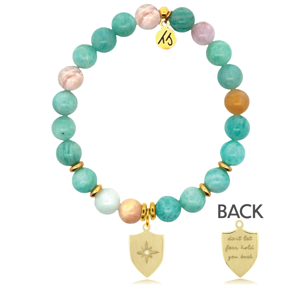 Gold Charm Collection - Multi Amazonite Gemstone Bracelet with Strength Shield Gold Charm