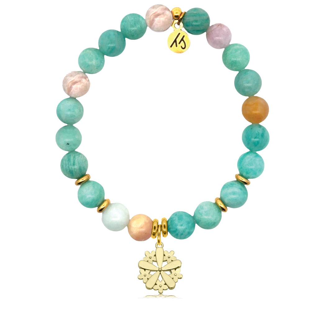Gold Charm Collection - Multi Amazonite Gemstone Bracelet with Thank You Flower Gold Charm