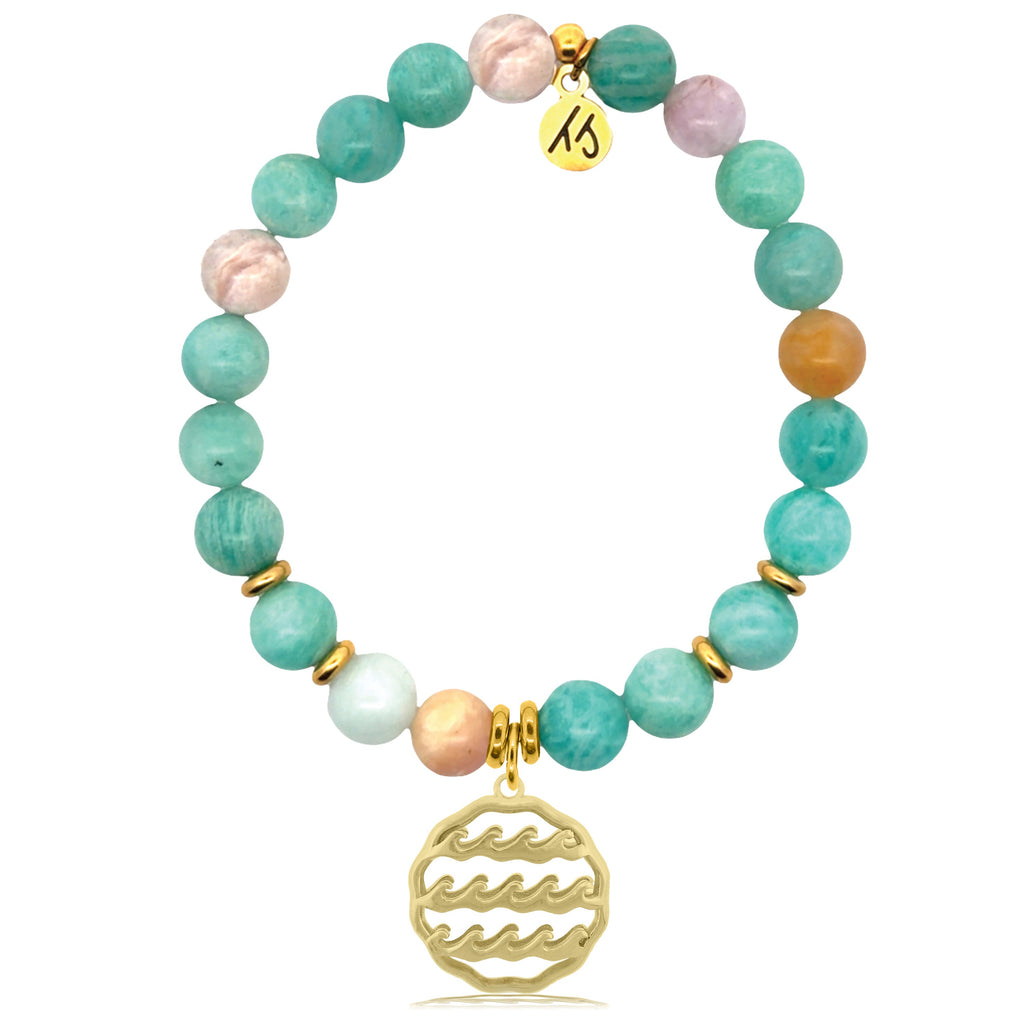 Gold Charm Collection - Multi Amazonite Gemstone Bracelet with Waves of Life Gold Charm