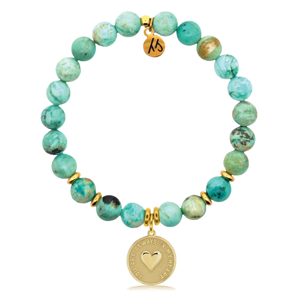 Gold Charm Collection - Peruvian Turquoise Gemstone Bracelet with Always in my Heart Gold Charm