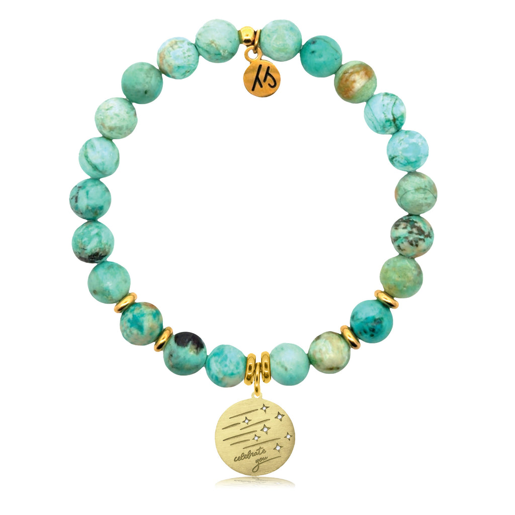 Gold Charm Collection - Peruvian Turquoise Gemstone Bracelet with Birthday Wishes Gold Charm
