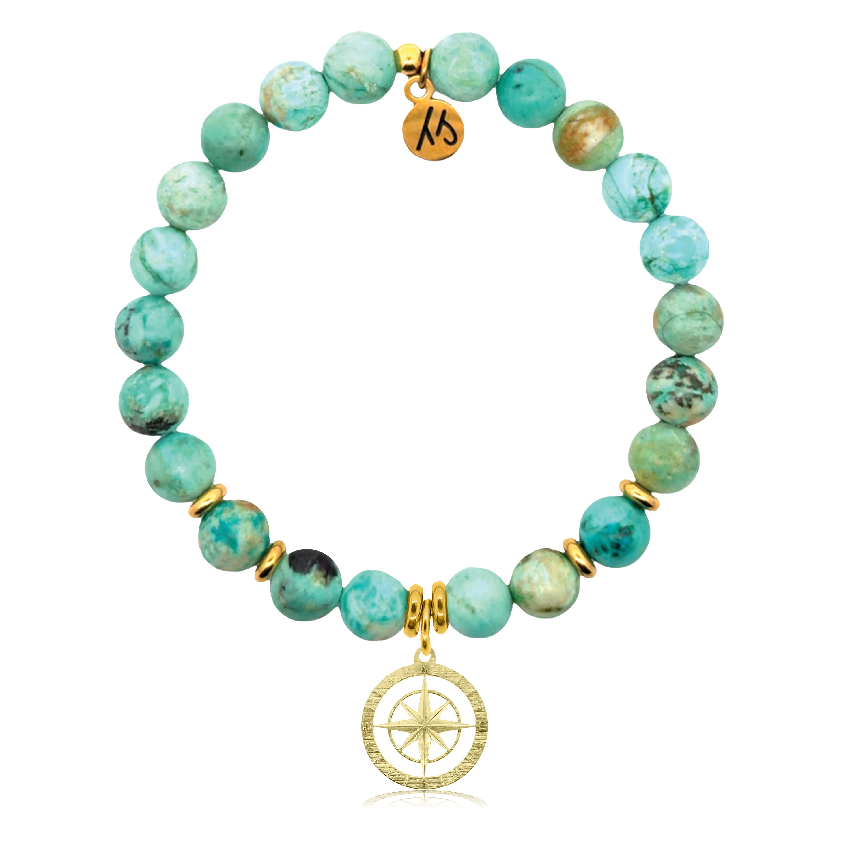 Gold Charm Collection - Peruvian Turquoise Gemstone Bracelet with Compass Rose Gold Charm