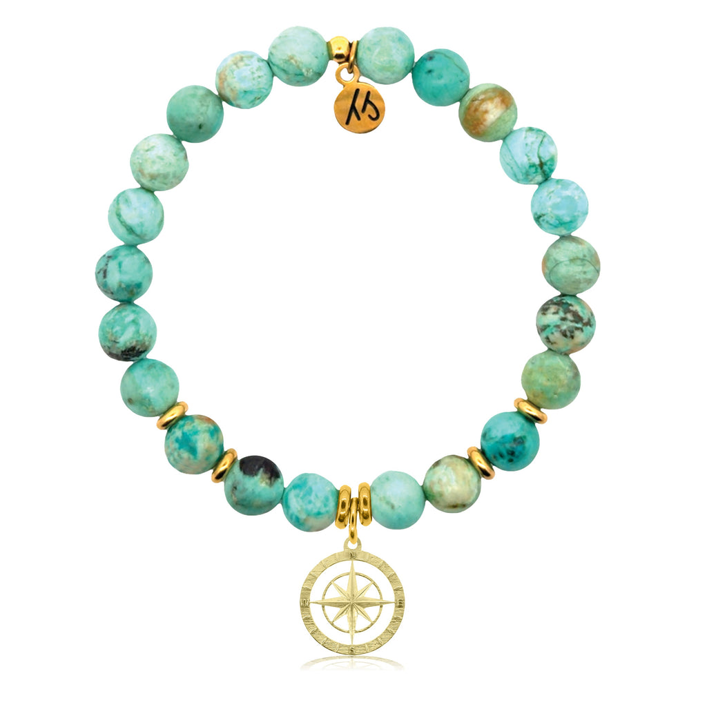 Gold Charm Collection - Peruvian Turquoise Gemstone Bracelet with Compass Rose Gold Charm